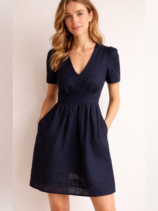 Boden Dresses & Skirts - Boden Eve 100% Linen Dress Navy Short Puff Sleeve V-Neck Summer Resort Size 4